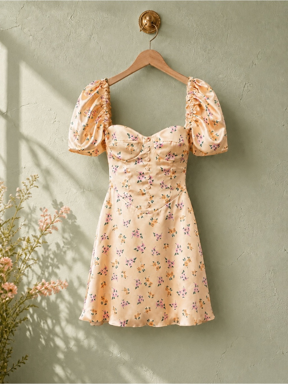 La Semaine Paris Lisette Size 12 Apricot Floral Satin Puff Sleeve Mini Dress NWT